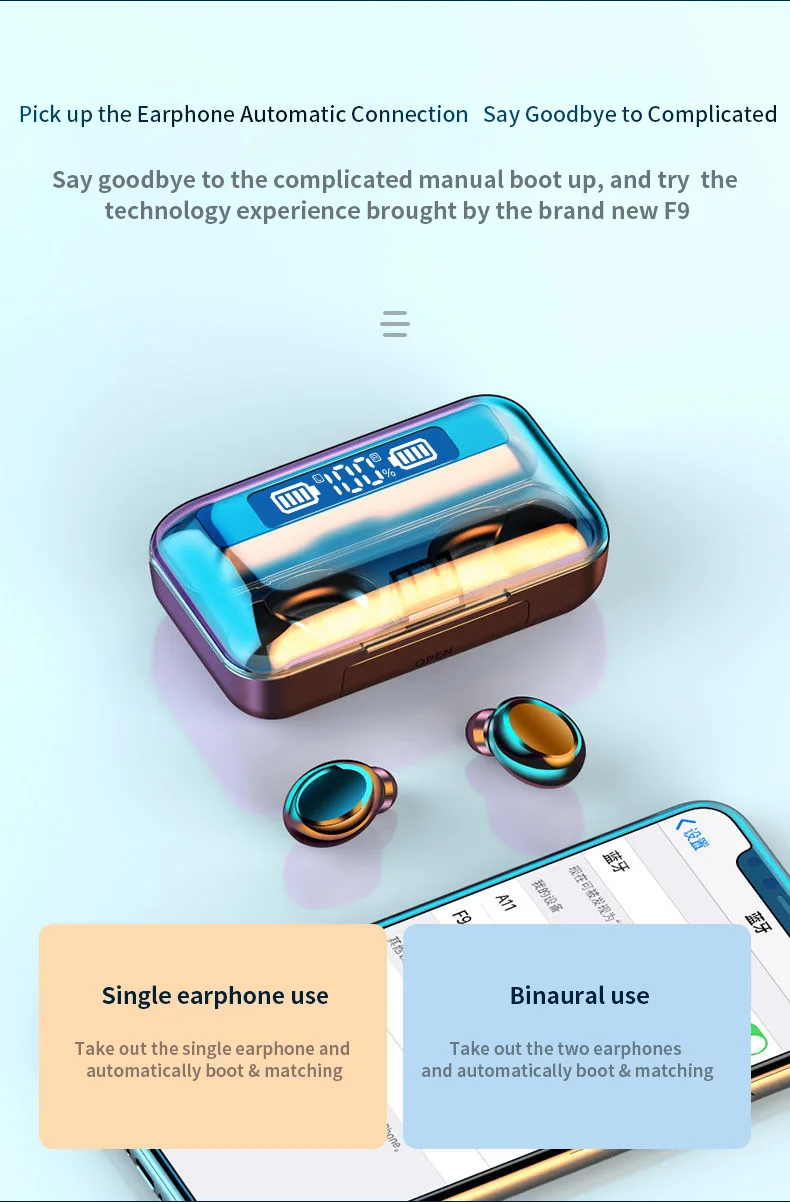 HiFi Stereo Earbuds – F9 TWS Wireless In-Ear Headphones with LED Display, Waterproof Design & Bluetooth 5.1 (F9-5 / F9-5C) - Image 6