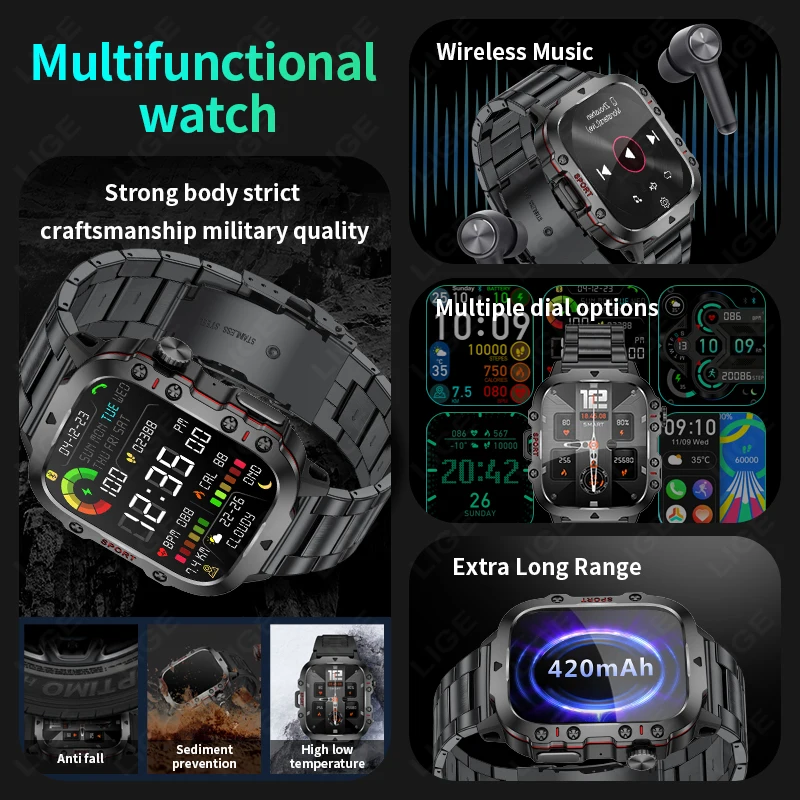 HD Screen Smartwatch for Men – LIGE 1.96" with Bluetooth Call, Heart Rate Monitor, SOS, and Waterproof Sports Features - Image 6